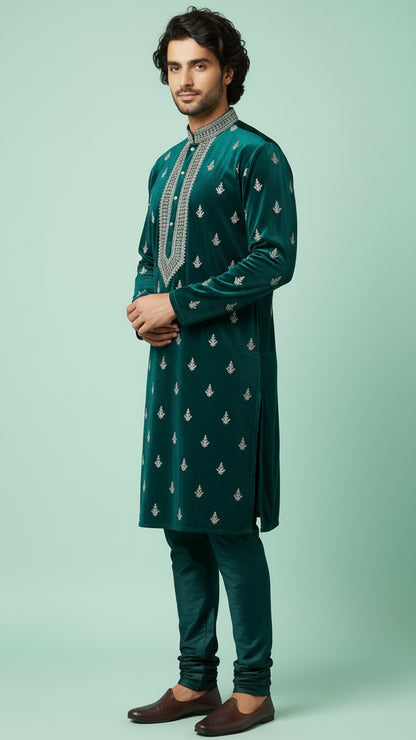 Emerald Green Velvet Embroidered Kurta Set with Intricate Neck Detailing