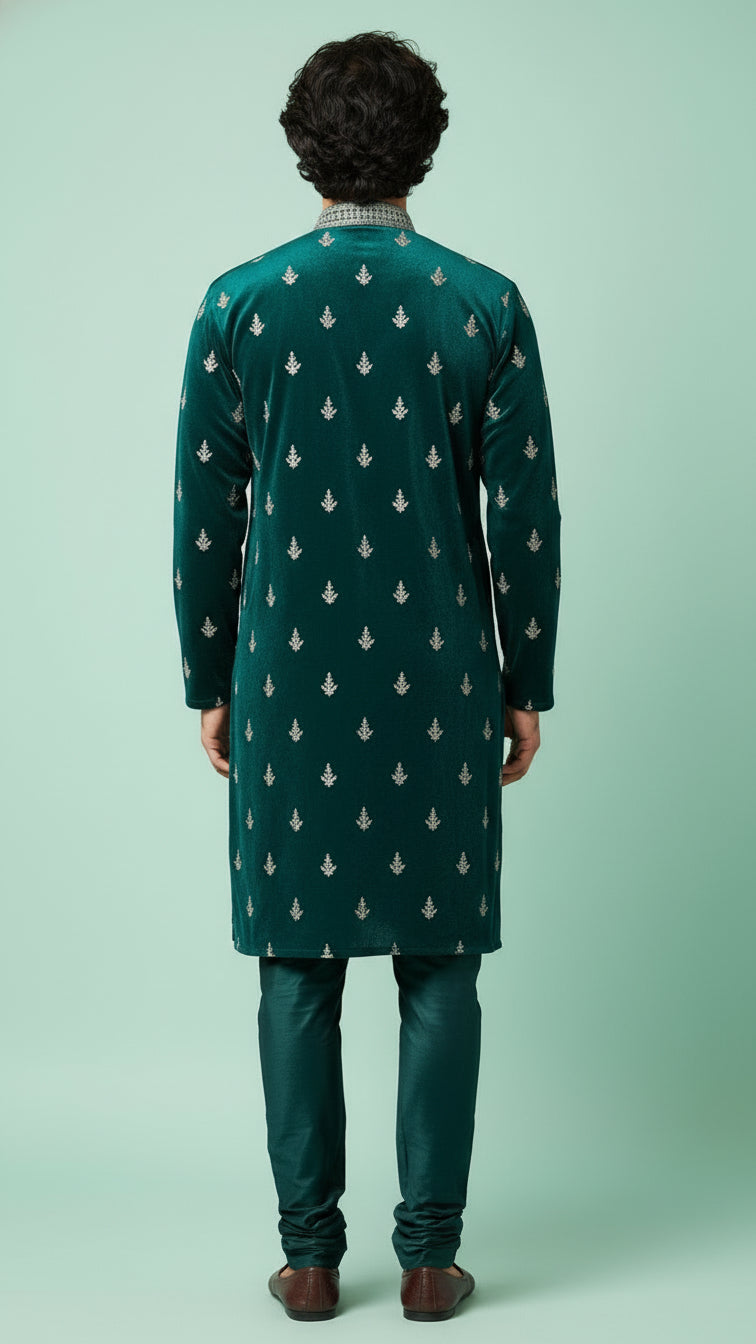 Emerald Green Velvet Embroidered Kurta Set with Intricate Neck Detailing