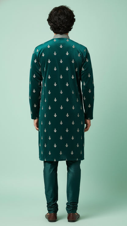 Emerald Green Velvet Embroidered Kurta Set with Intricate Neck Detailing