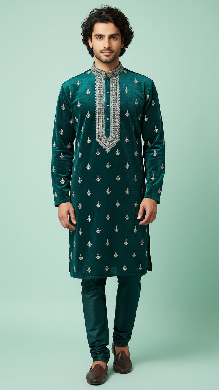 Emerald Green Velvet Embroidered Kurta Set with Intricate Neck Detailing