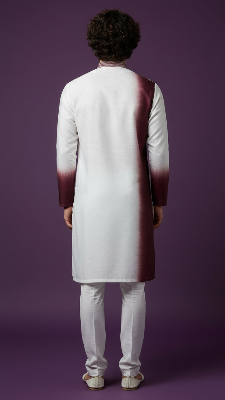 White & Wine Ombre Kurta with embroidered detail – Modern Festive & Wedding Wear