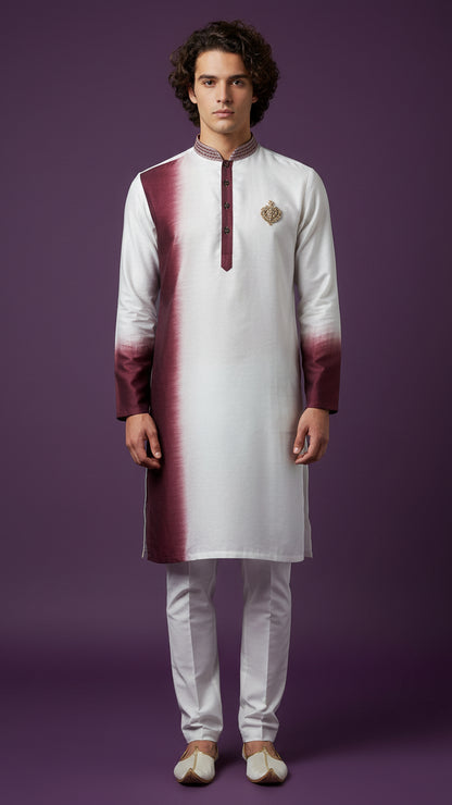White & Wine Ombre Kurta with embroidered detail – Modern Festive & Wedding Wear