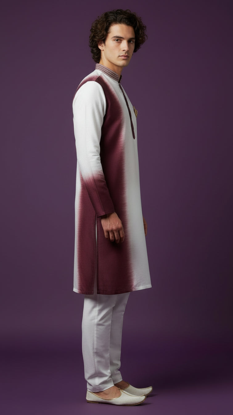 White & Wine Ombre Kurta with embroidered detail – Modern Festive & Wedding Wear