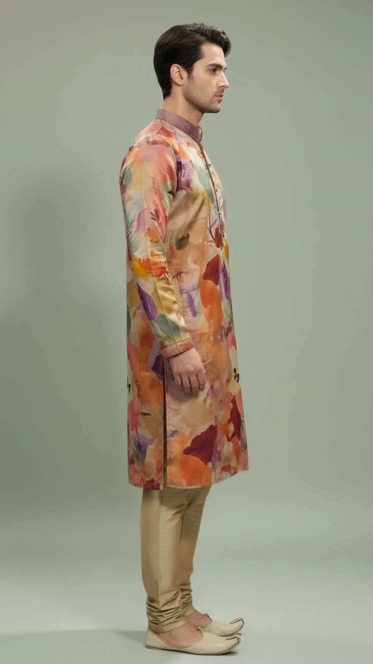 Multicolor Hand-Painted Floral Kurta – Modern Festive & Sangeet Wear