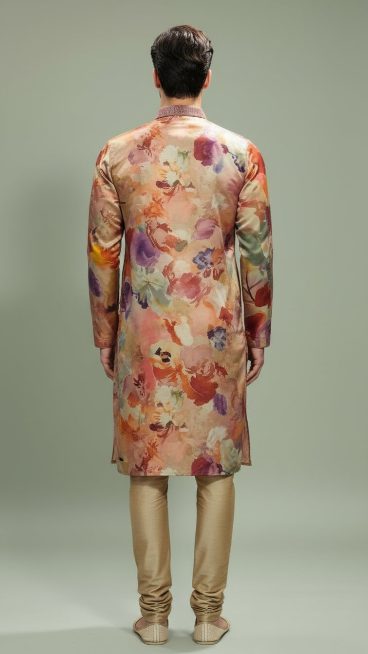Multicolor Hand-Painted Floral Kurta – Modern Festive & Sangeet Wear