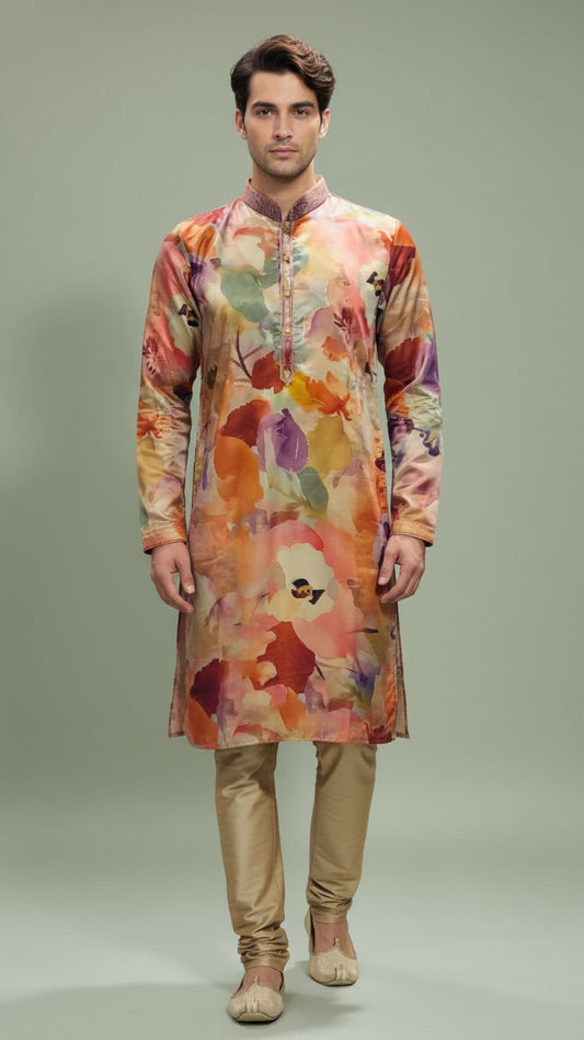 Multicolor Hand-Painted Floral Kurta – Modern Festive & Sangeet Wear