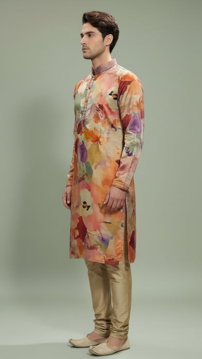 Multicolor Hand-Painted Floral Kurta – Modern Festive & Sangeet Wear