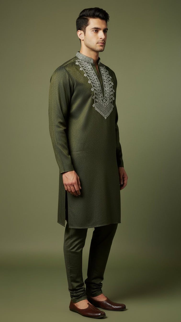 Olive Green Embroidered Men's Kurta Set | Premium Festive Wear by Dresswala NX