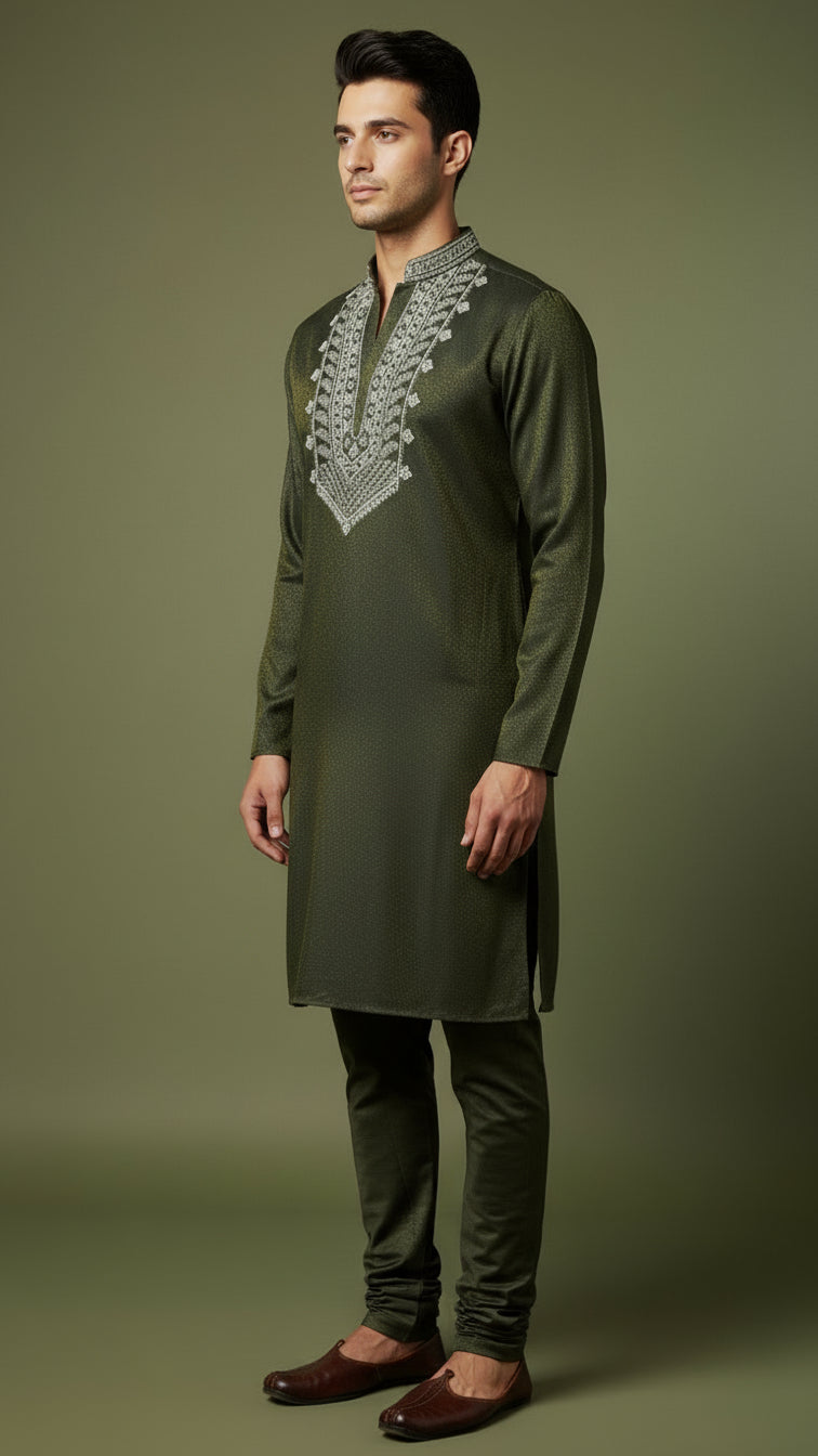 Olive Green Embroidered Men's Kurta Set | Premium Festive Wear by Dresswala NX