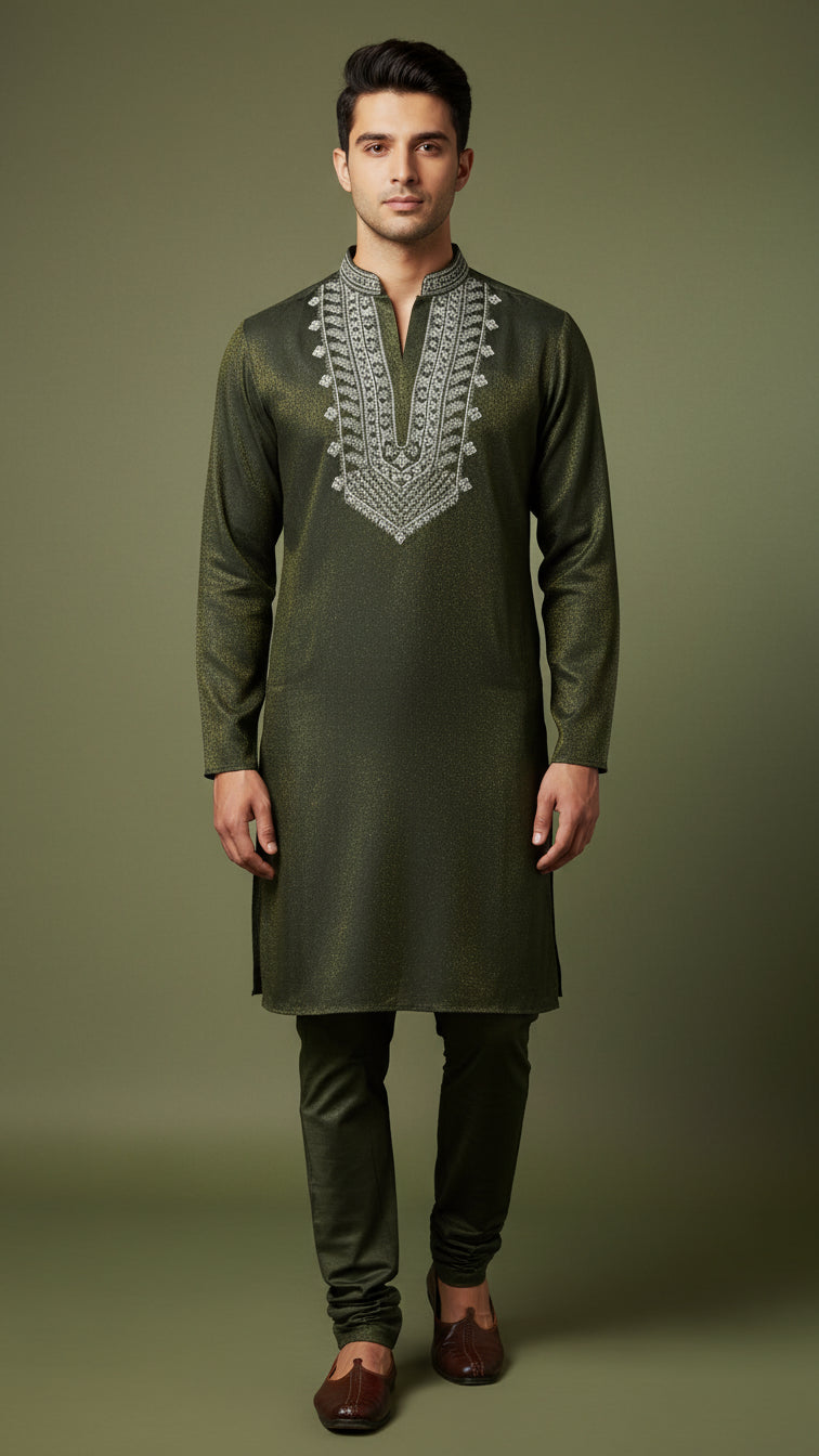 Olive Green Embroidered Men's Kurta Set | Premium Festive Wear by Dresswala NX