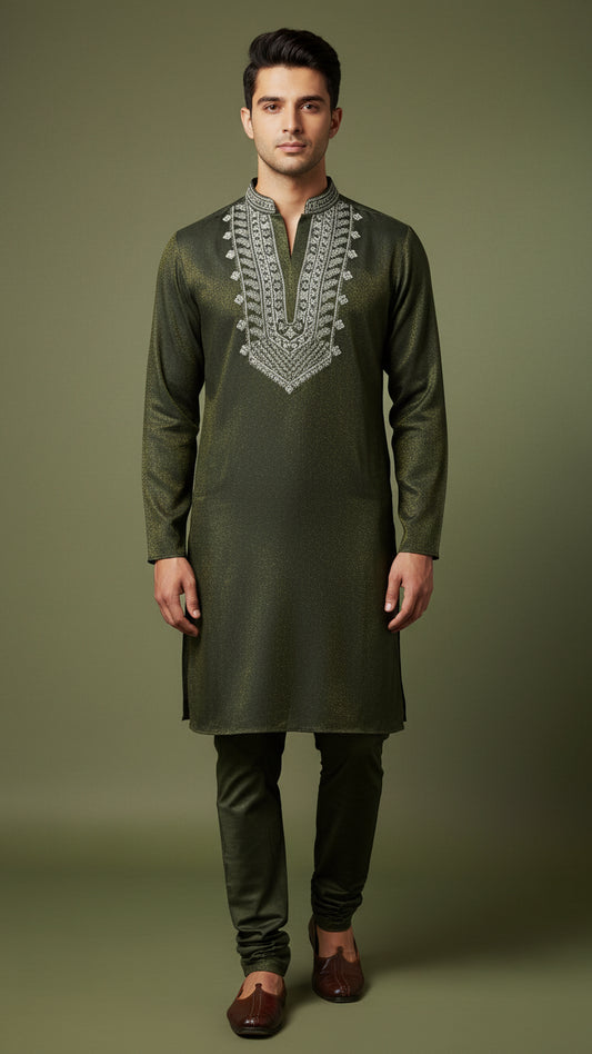 Olive Green Embroidered Men's Kurta Set | Premium Festive Wear by Dresswala NX