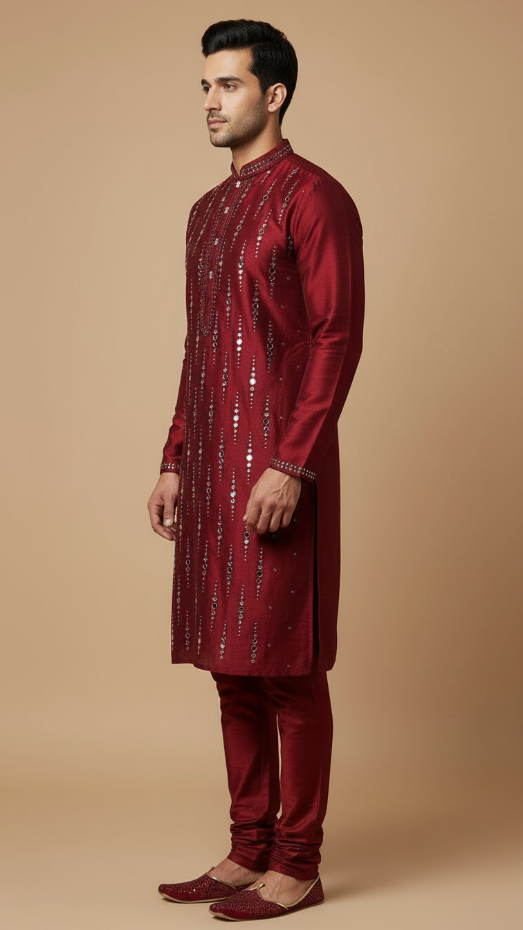 Maroon Mirror Work Men's Kurta Set | Premium Festive Wear by Dresswala NX