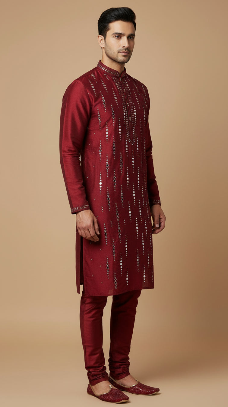 Maroon Mirror Work Men's Kurta Set | Premium Festive Wear by Dresswala NX