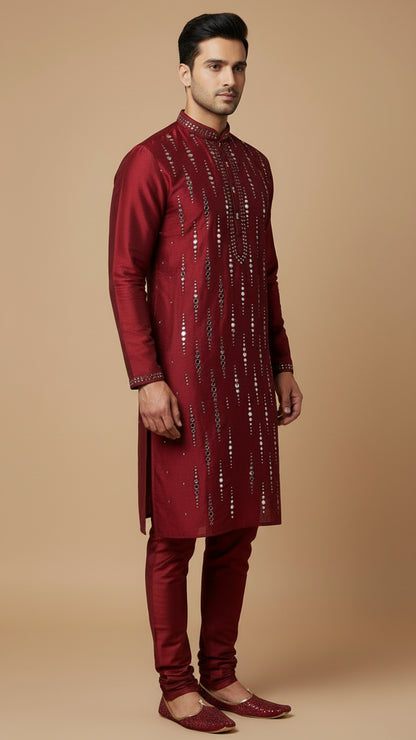 Maroon Mirror Work Men's Kurta Set | Premium Festive Wear by Dresswala NX