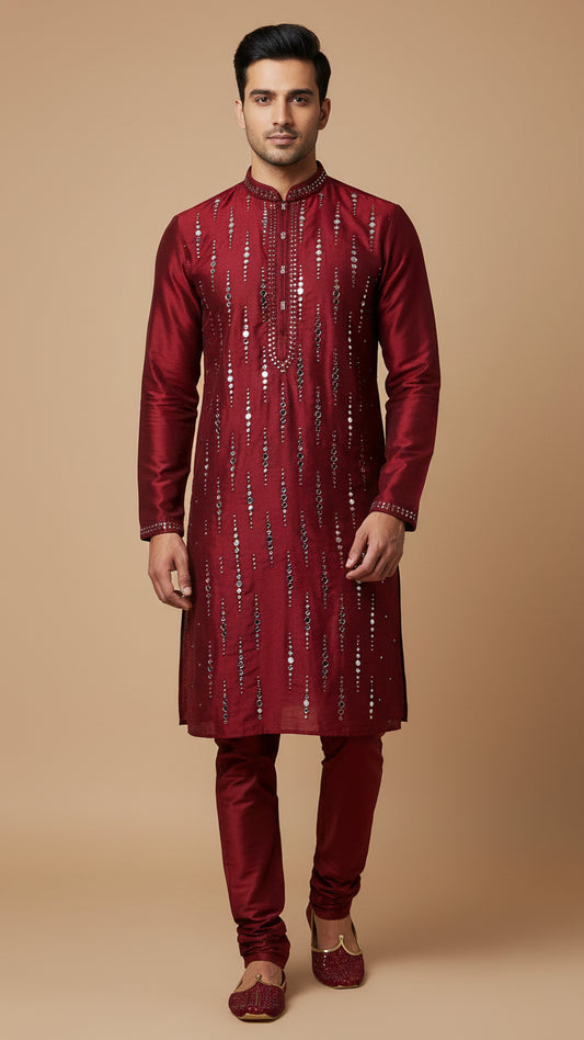 Maroon Mirror Work Men's Kurta Set | Premium Festive Wear by Dresswala NX
