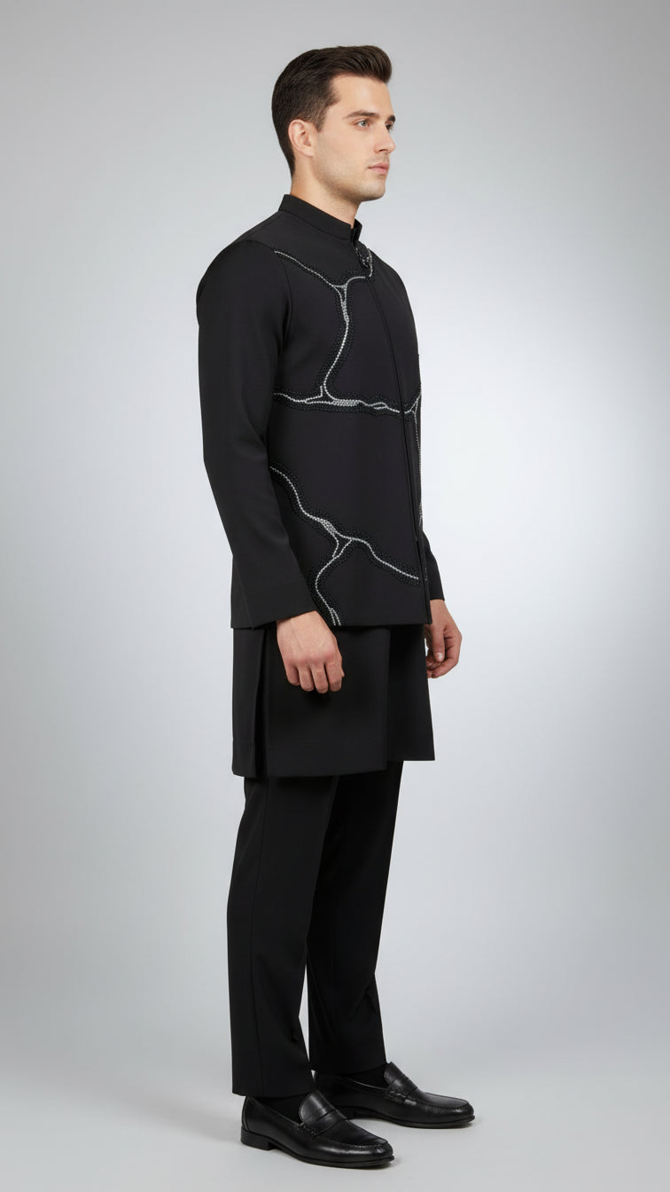 Coffee Textured Kurta Jacket Set with Metallic Thread Detailing