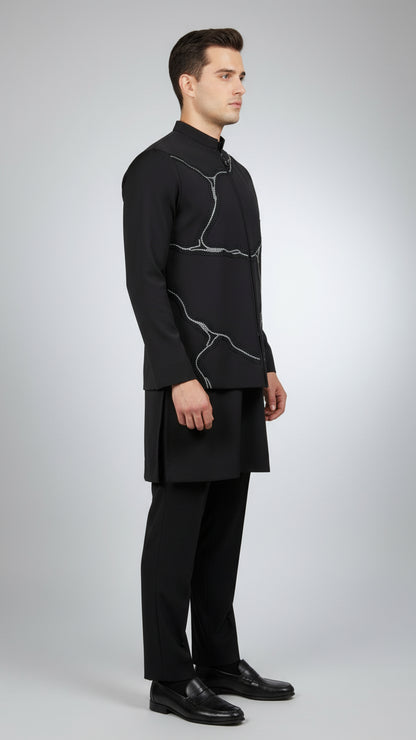 Coffee Textured Kurta Jacket Set with Metallic Thread Detailing