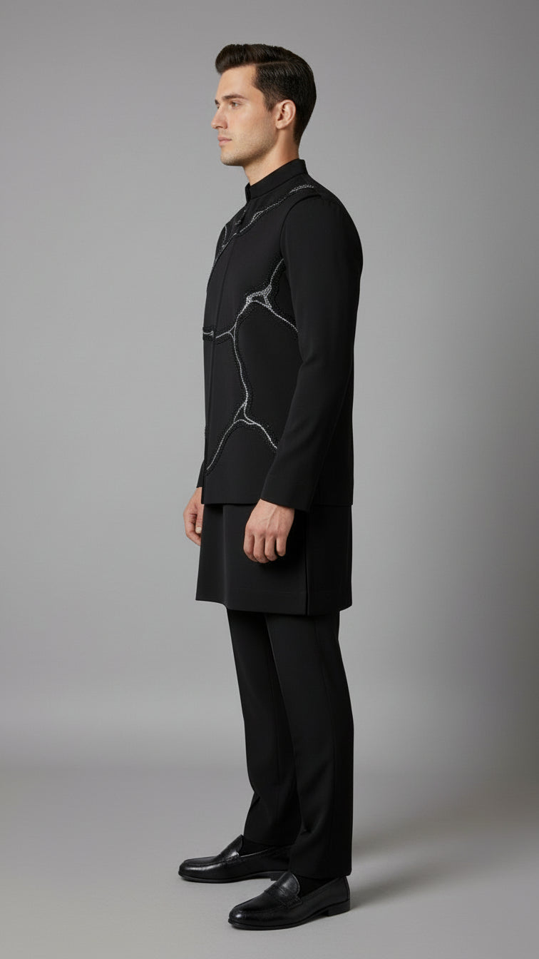 Coffee Textured Kurta Jacket Set with Metallic Thread Detailing