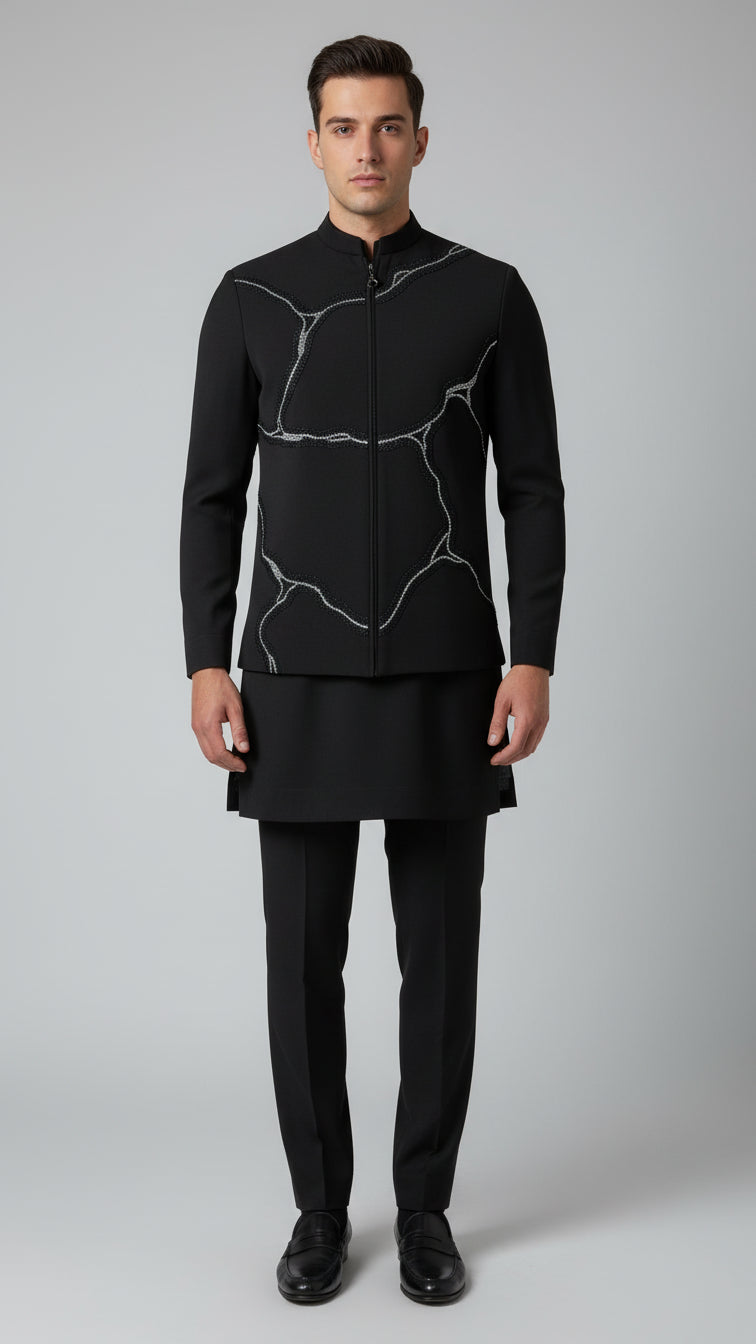 Coffee Textured Kurta Jacket Set with Metallic Thread Detailing