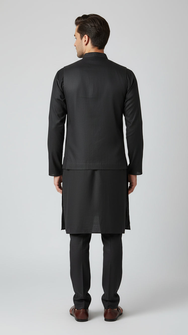 Coffee Textured Kurta Jacket Set with Metallic Thread Detailing