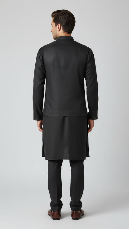 Coffee Textured Kurta Jacket Set with Metallic Thread Detailing