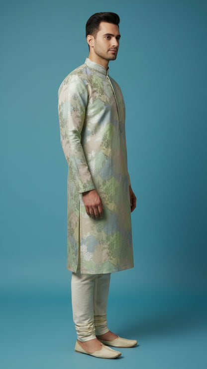 Men’s Pastel Floral Jacquard Kurta Set | Festive & Wedding Wear – Dresswala NX