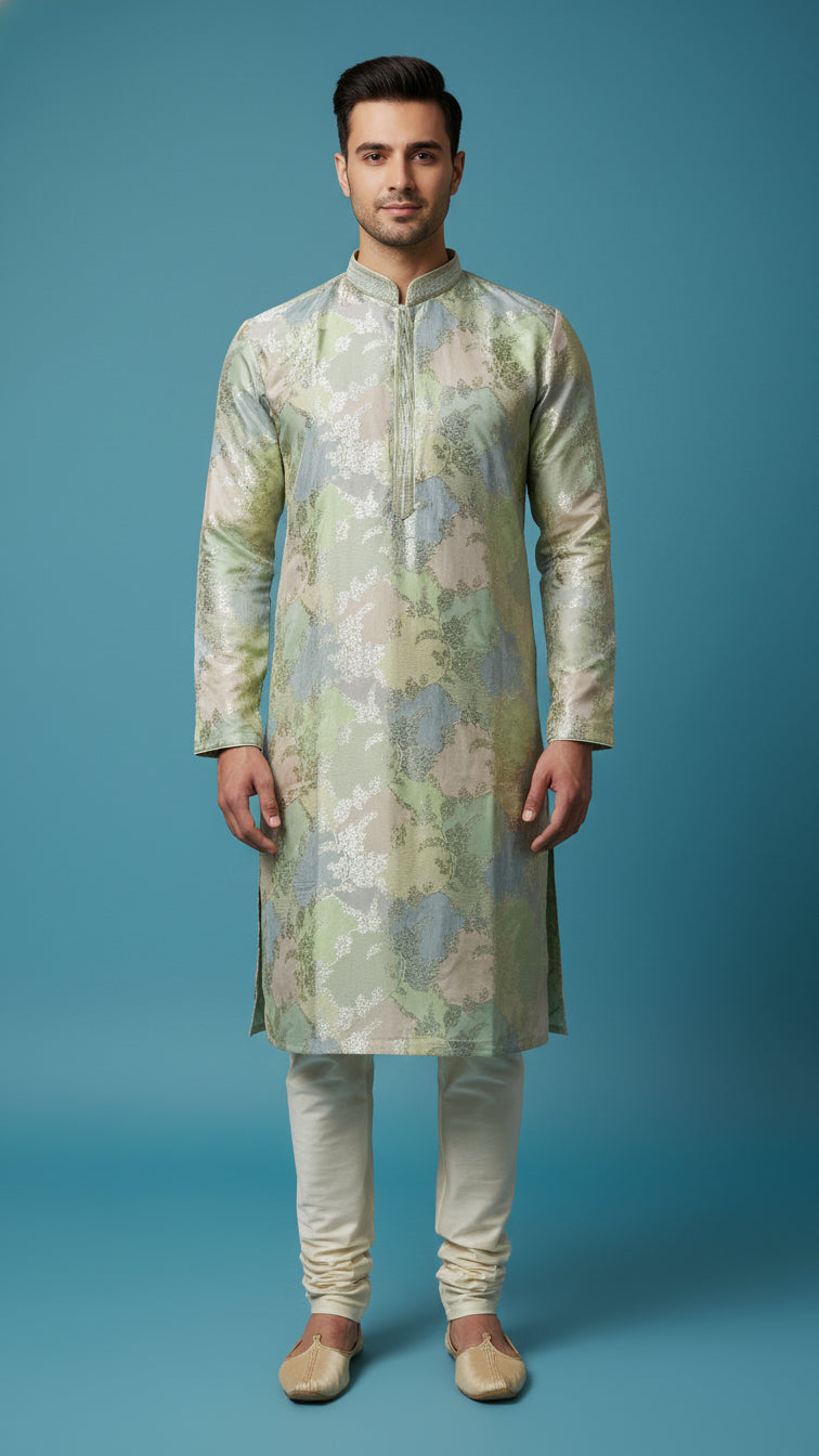 Men’s Pastel Floral Jacquard Kurta Set | Festive & Wedding Wear – Dresswala NX