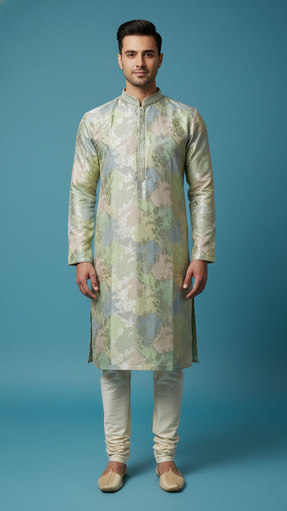 Men’s Pastel Floral Jacquard Kurta Set | Festive & Wedding Wear – Dresswala NX