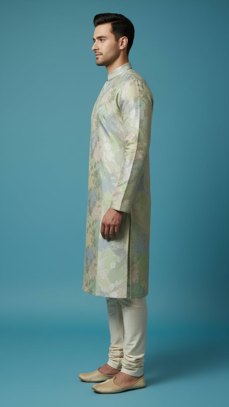 Men’s Pastel Floral Jacquard Kurta Set | Festive & Wedding Wear – Dresswala NX