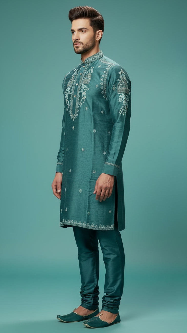 Men’s Teal Embroidered Kurta Set | Premium Festive & Wedding Wear – Dresswala NX