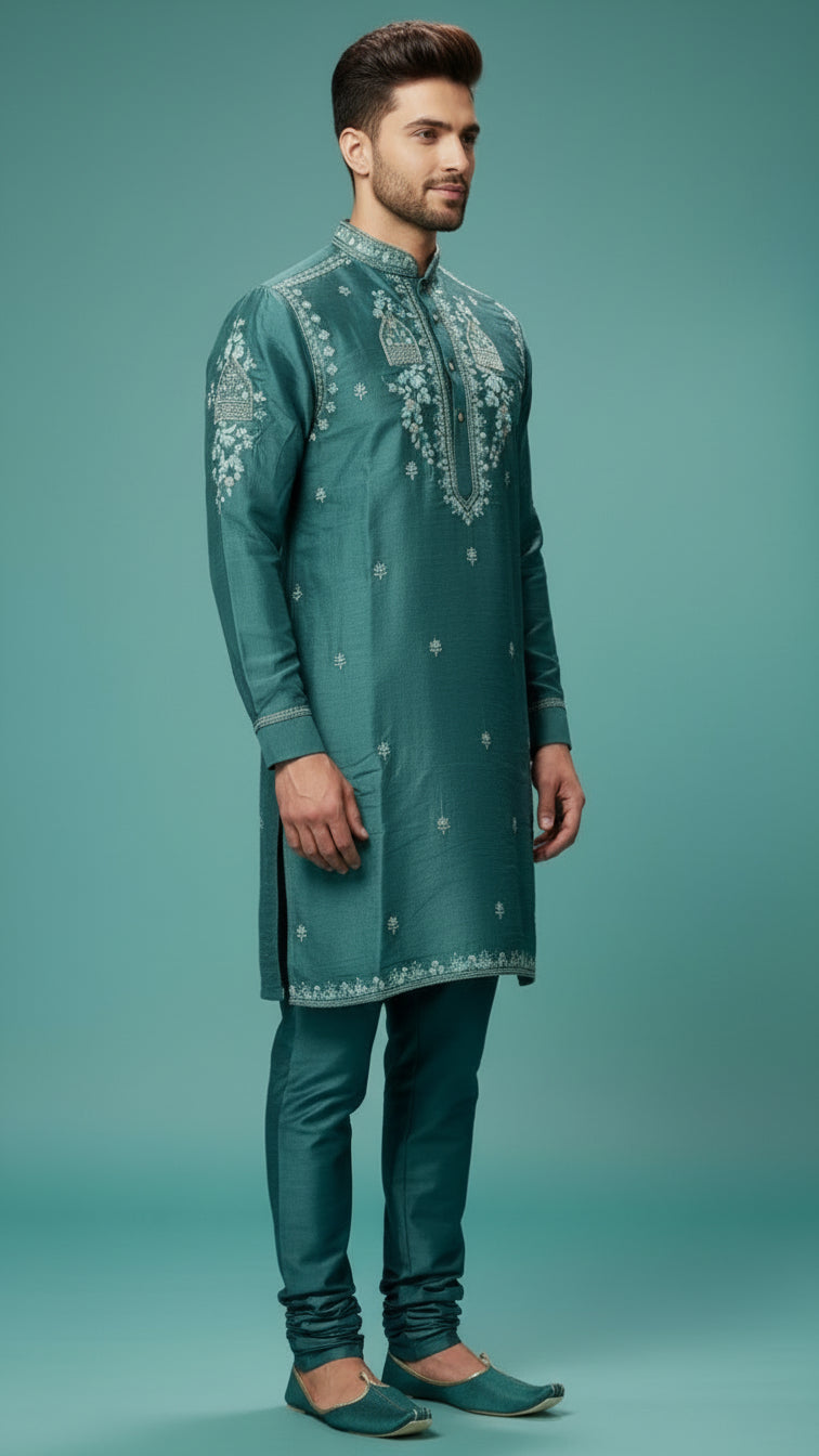 Men’s Teal Embroidered Kurta Set | Premium Festive & Wedding Wear – Dresswala NX