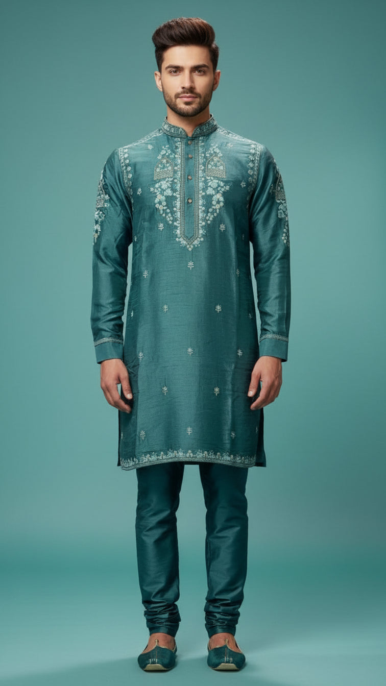 Men’s Teal Embroidered Kurta Set | Premium Festive & Wedding Wear – Dresswala NX