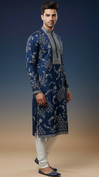 Men’s Navy Blue Heavy Embroidered Kurta Set | Premium Wedding Wear – Dresswala NX