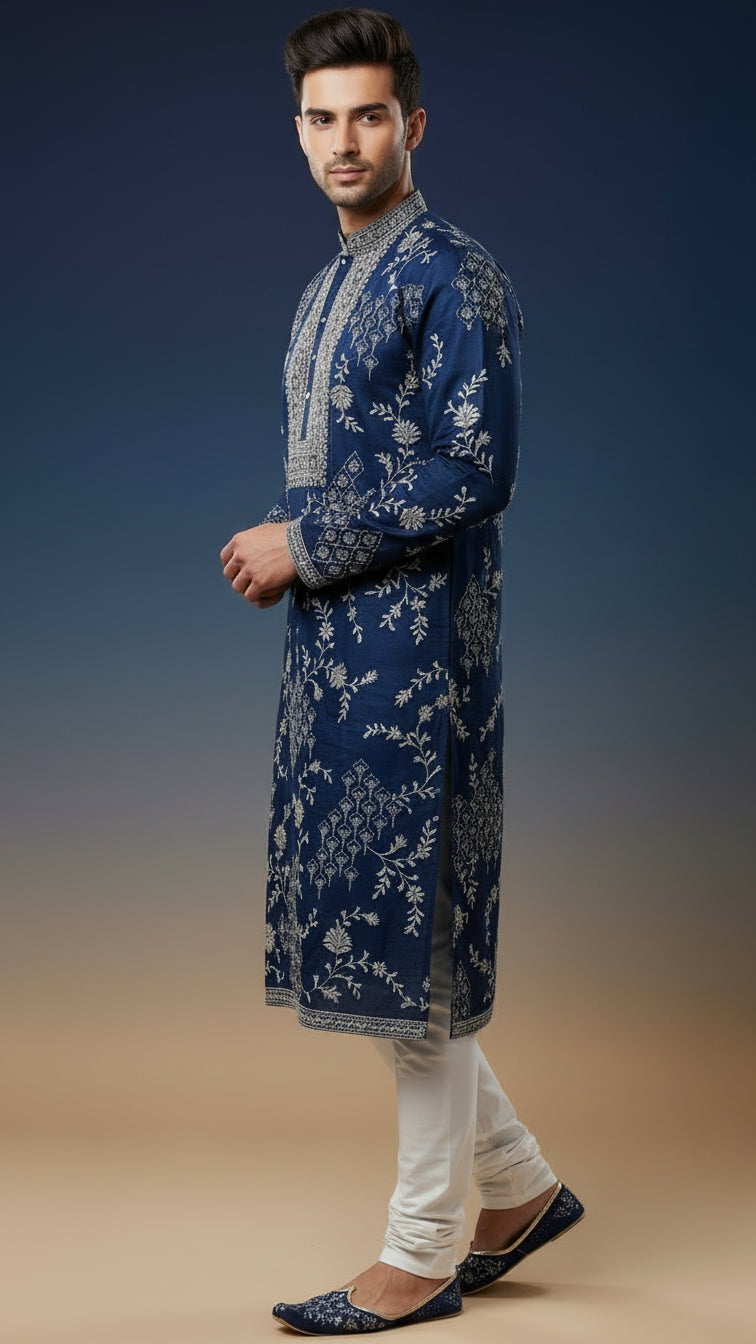 Men’s Navy Blue Heavy Embroidered Kurta Set | Premium Wedding Wear – Dresswala NX