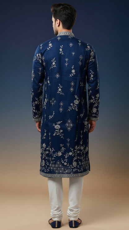 Men’s Navy Blue Heavy Embroidered Kurta Set | Premium Wedding Wear – Dresswala NX