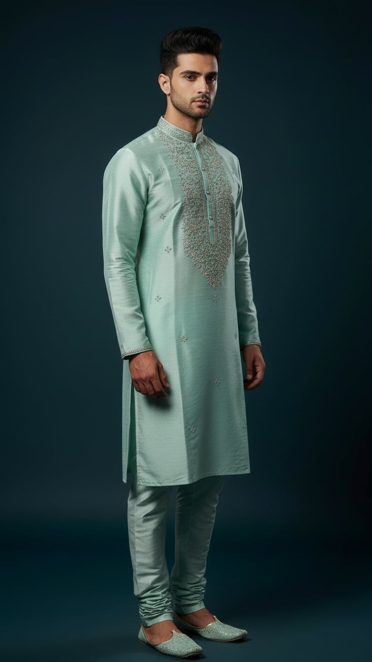 Men’s Aqua Blue Embroidered Kurta Set | Premium Festive & Wedding Wear – Dresswala NX