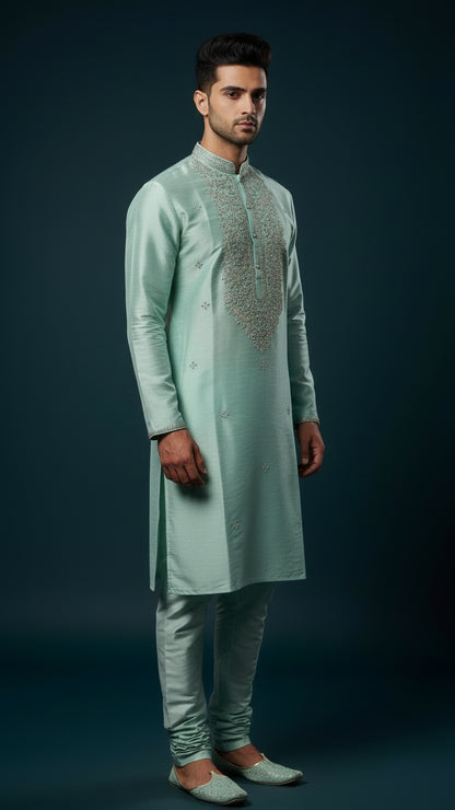 Men’s Aqua Blue Embroidered Kurta Set | Premium Festive & Wedding Wear – Dresswala NX