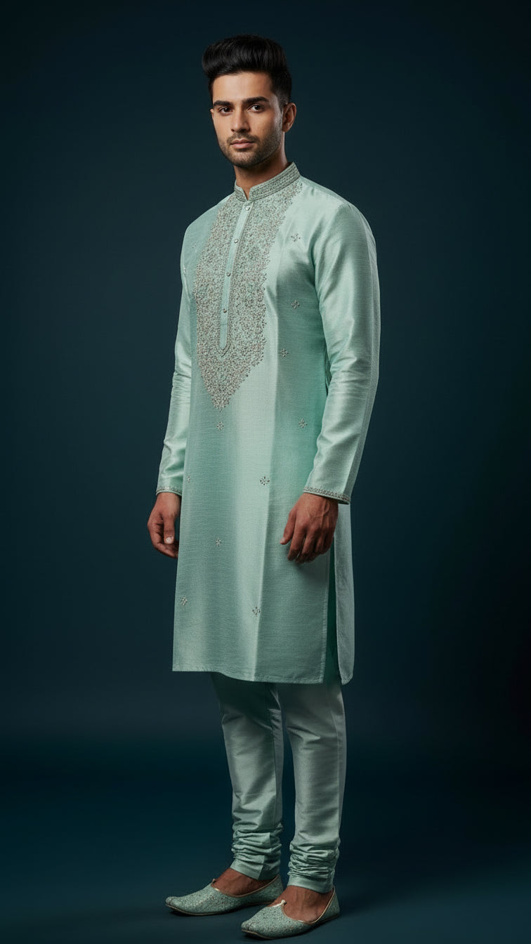 Men’s Aqua Blue Embroidered Kurta Set | Premium Festive & Wedding Wear – Dresswala NX