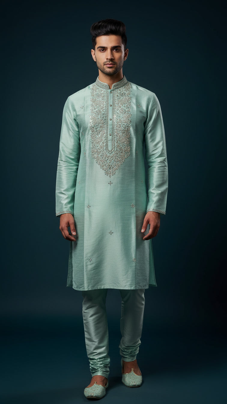 Men’s Aqua Blue Embroidered Kurta Set | Premium Festive & Wedding Wear – Dresswala NX