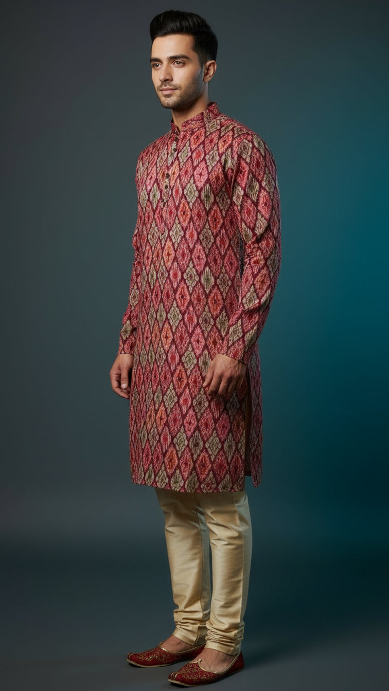 Men’s Red Multicolour Printed Kurta Set | Festive & Wedding Wear – Dresswala NX