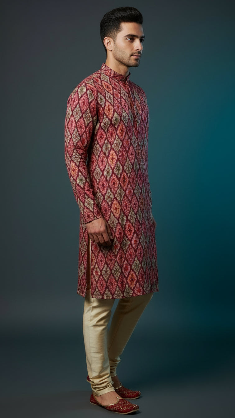 Men’s Red Multicolour Printed Kurta Set | Festive & Wedding Wear – Dresswala NX
