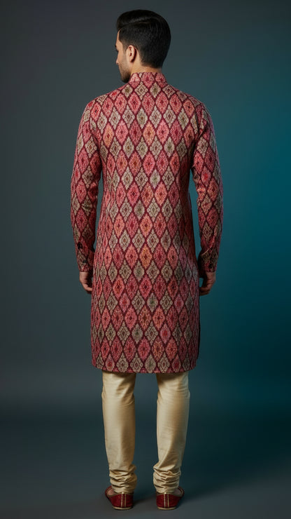 Men’s Red Multicolour Printed Kurta Set | Festive & Wedding Wear – Dresswala NX