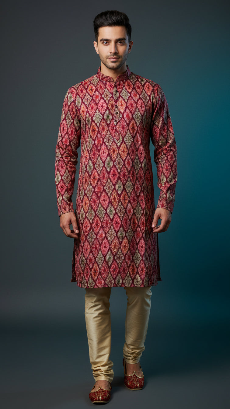 Men’s Red Multicolour Printed Kurta Set | Festive & Wedding Wear – Dresswala NX