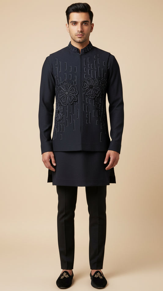 Black Thread-Embroidered Kurta Jacket Set