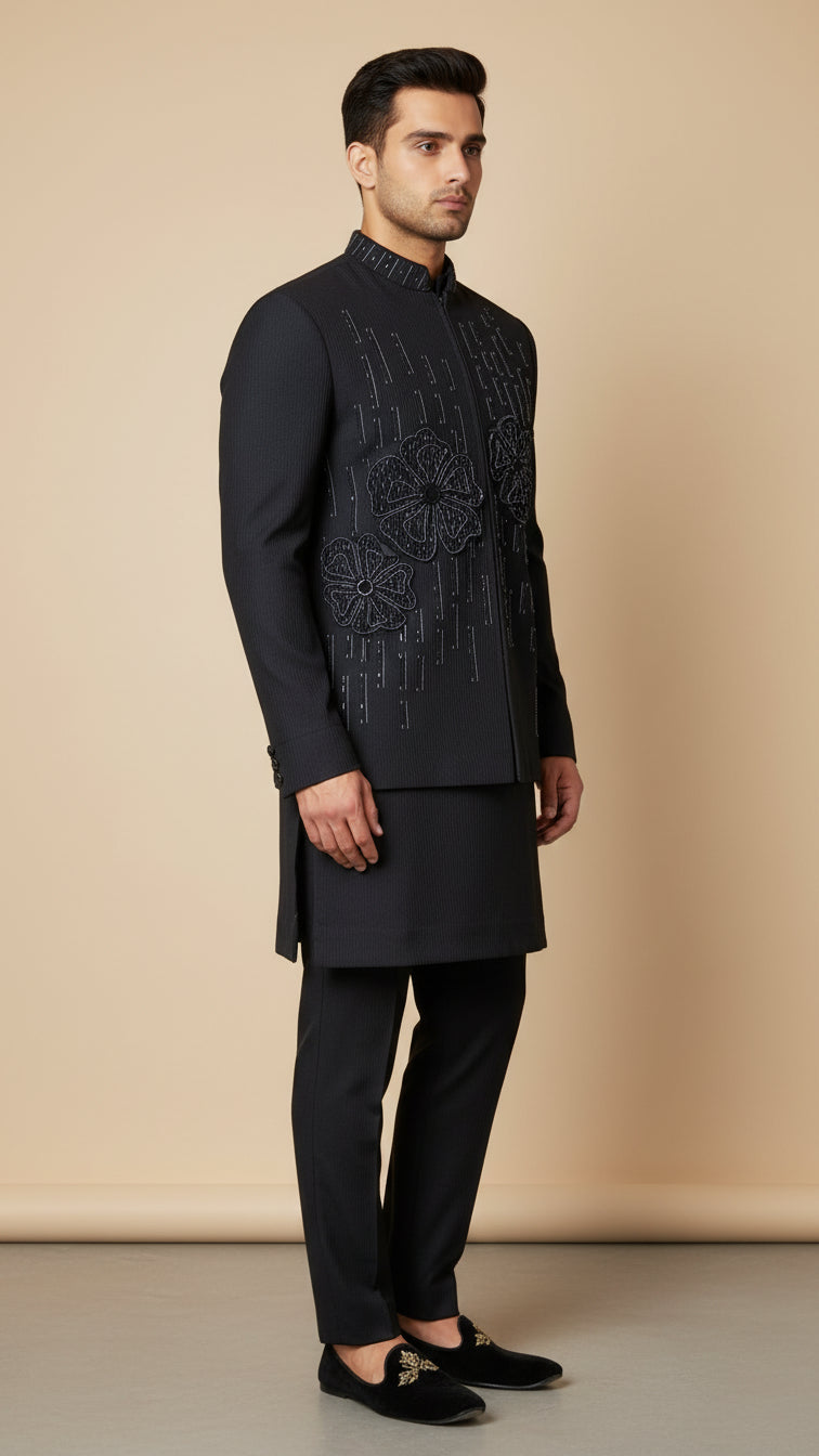 Black Thread-Embroidered Kurta Jacket Set