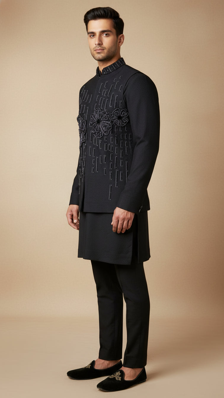 Black Thread-Embroidered Kurta Jacket Set