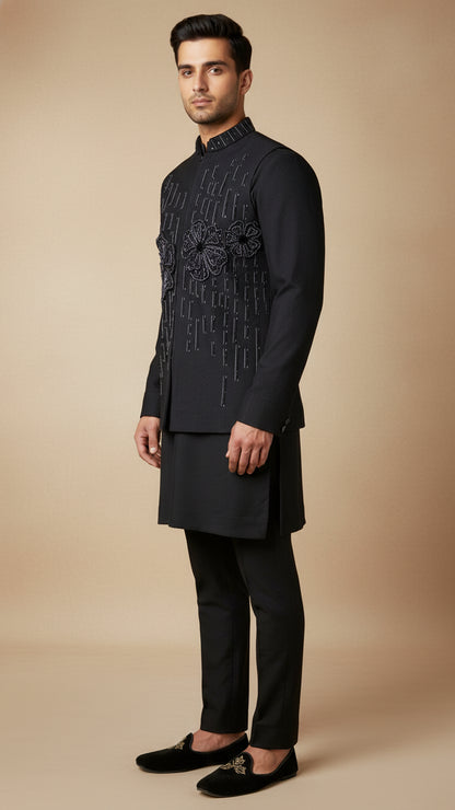 Black Thread-Embroidered Kurta Jacket Set