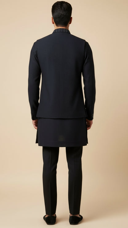 Black Thread-Embroidered Kurta Jacket Set