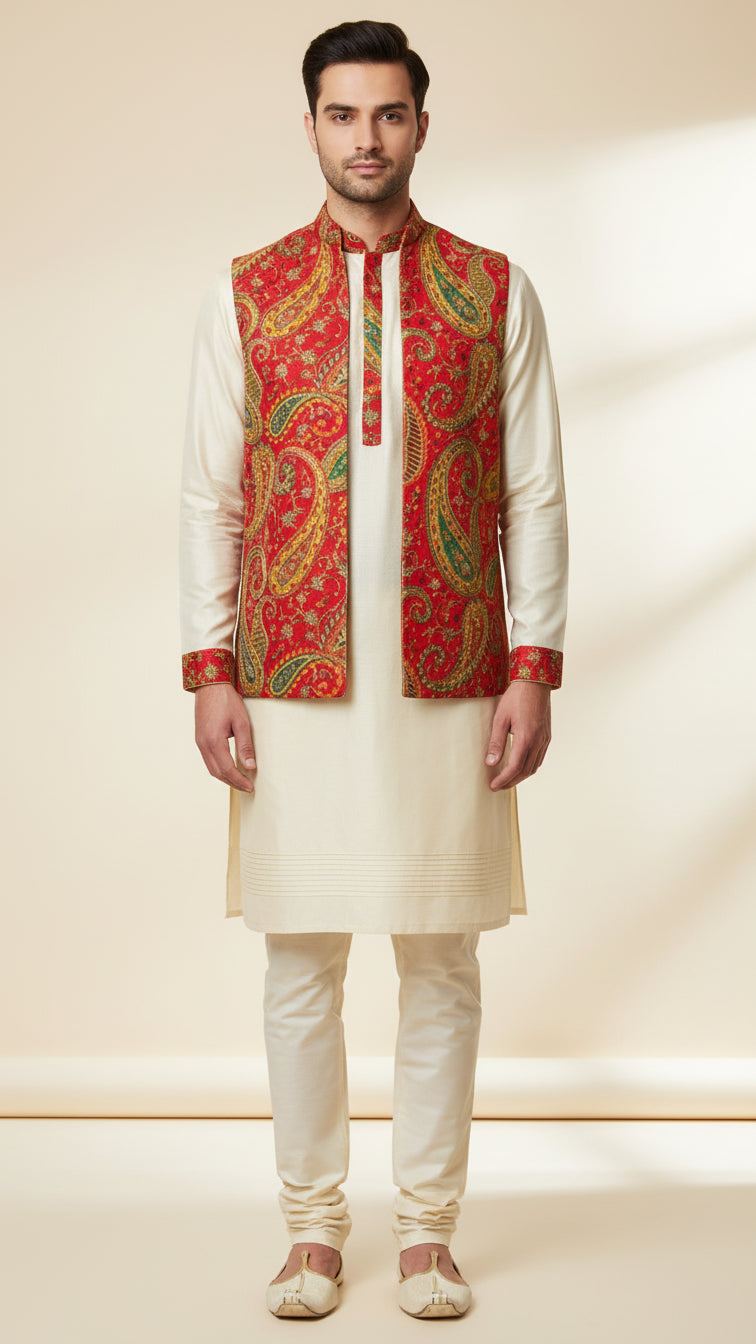 Red Paisley Printed Nehru Jacket Set