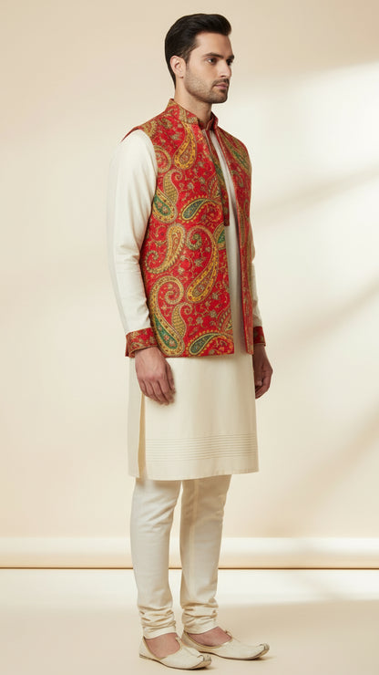 Red Paisley Printed Nehru Jacket Set